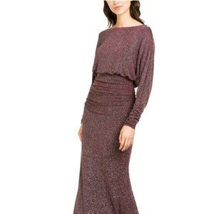 VINCE CAMUTO Womens Burgundy Glitter Long Sleeve Maxi Formal Blouson Dress 14